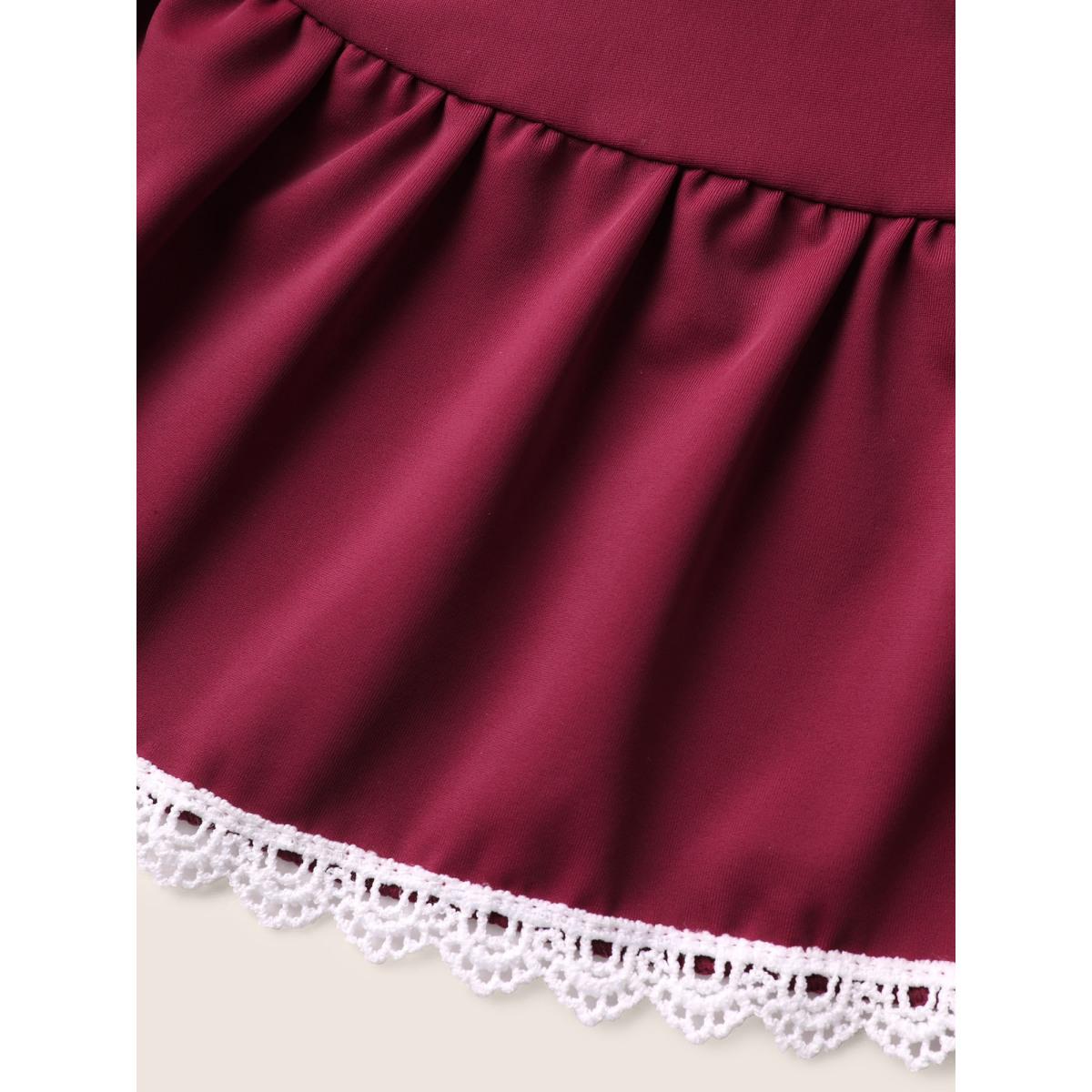 Plus Size Heart Neckline Gathered Patchwork Lace Trim Swim Dress Women's Swimwear Deepred Beach Bodycon Heart neckline High stretch Curve Swim Dresses BloomChic 22-24/3X Product Image