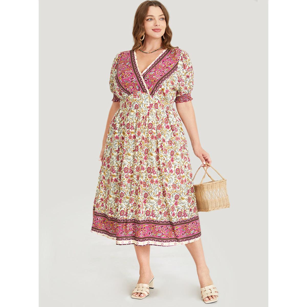 Plus Size Bandana Print Surplice Neck Pocket Shirred Puff Sleeve Dress Apricot Women Vacation Overlap Collar Short sleeve Curvy Midi Dress BloomChic 18-20/2X Product Image