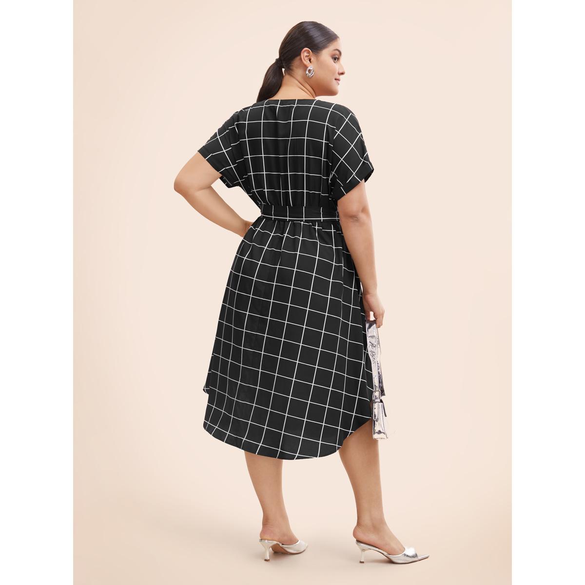 Plus Size Plaid Notched Collar Dolman Sleeve Dress Black Women At the Office Belted Notched collar Short sleeve Curvy BloomChic 28/5X Product Image
