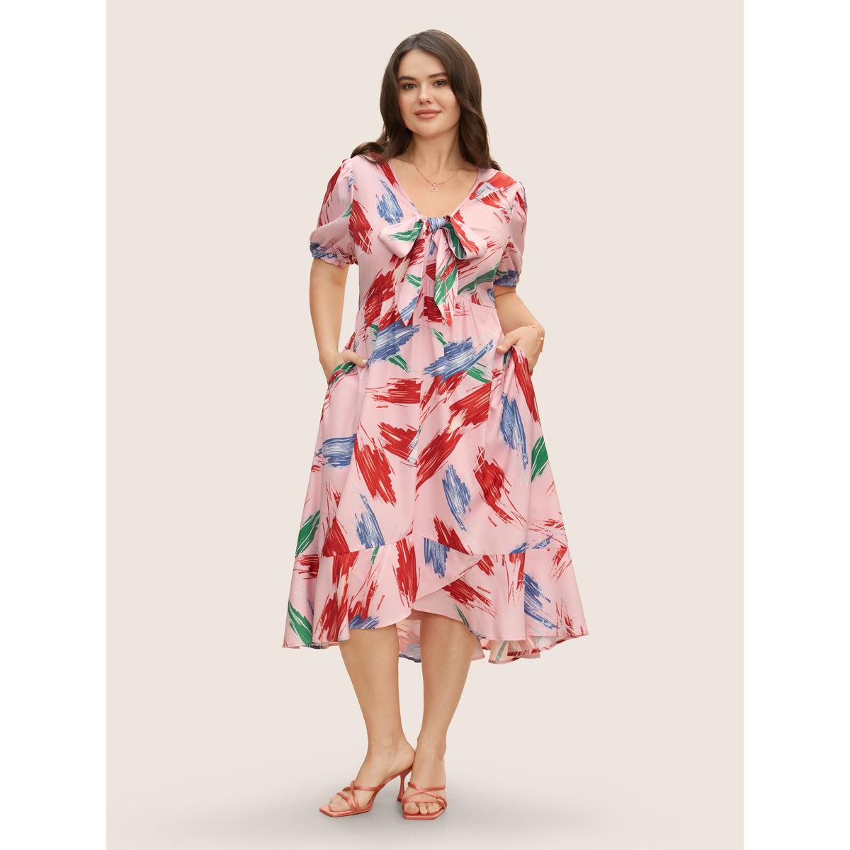 Plus Size Chiffon Floral Tiered Ruffles Split Hem Dress Nudepink Women Elegant Tie knot V-neck Half Sleeve Curvy BloomChic 22-24/3X Product Image