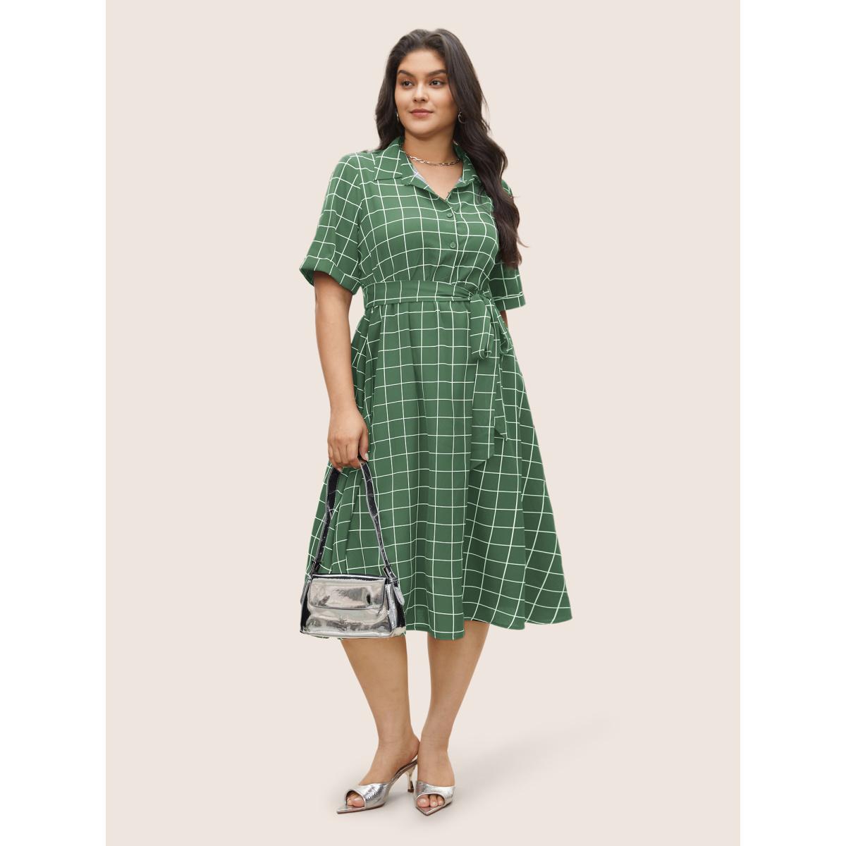 Plus Size Plaid Belted Shirt Collar Cuffed Sleeve Dress Palemauve Women At the Office Non Shirt collar Short sleeve Curvy Midi Dress BloomChic 14-16/1X Product Image