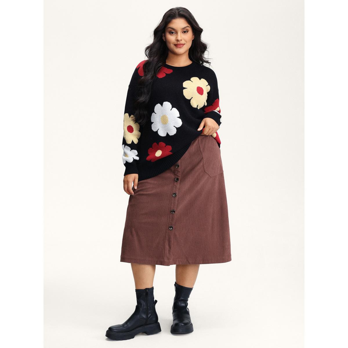 Plus Size Snowflake Effect Button Detail Maxi Skirt Women DarkBrown Leisure Texture Bodycon Low stretch Slanted pocket Casual Skirts BloomChic 10/M Product Image
