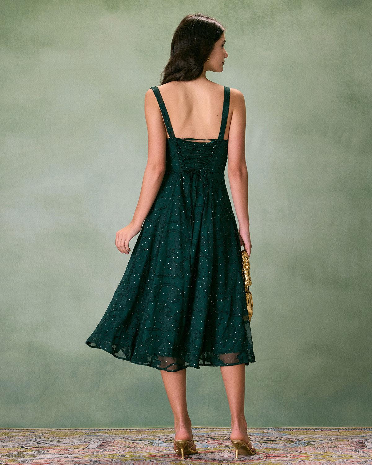The Green Square Neck Jacquard Slit Midi Dress Product Image