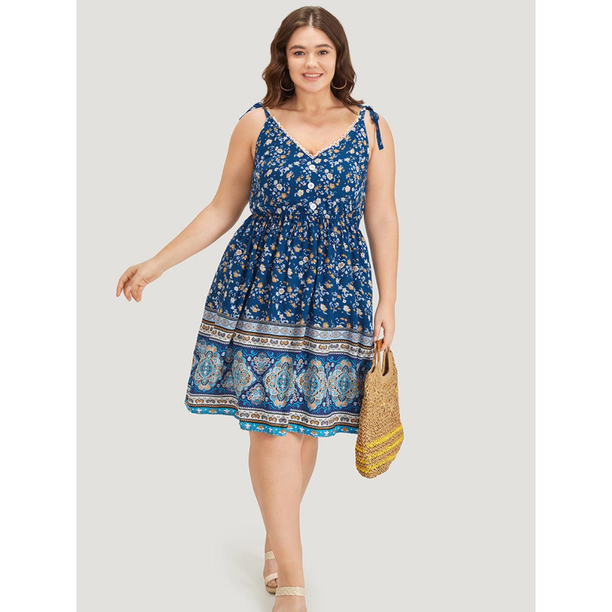 Plus Size Boho Print Knot Lace Trim Pocket Cami Dress Navy Women Elegant Cross straps V-neck Sleeveless Curvy Knee Dress BloomChic 26/4X Product Image
