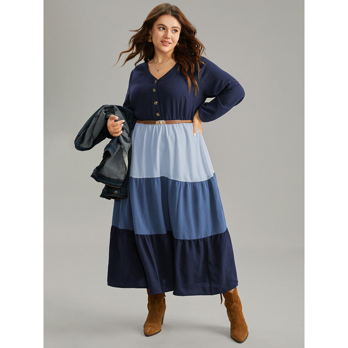 Plus Size Colorblock Patchwork Lantern Sleeve Button Detail Dress Blue Women Elegant Elastic cuffs V-neck Long Sleeve Curvy Midi Dress BloomChic 28/5X Product Image
