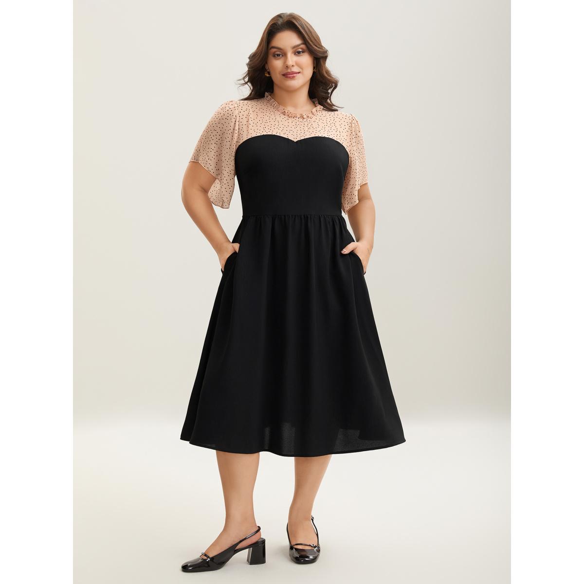 Plus Size Round Ruffled Neck Color Contrast Midi Dress Black Women Elegant See through Round Neck Short sleeve Curvy BloomChic 14-16/1X Product Image