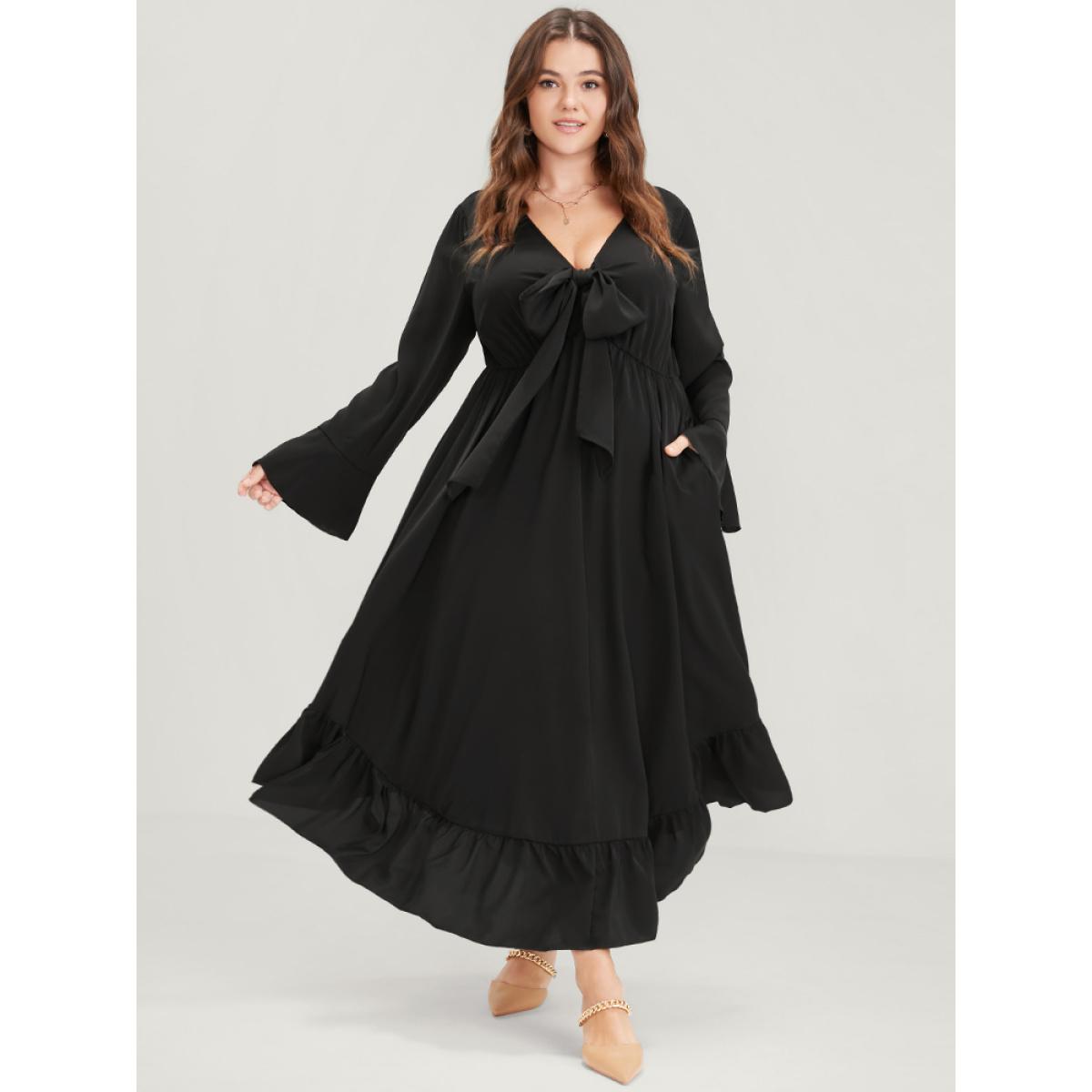 Plus Size Solid Bell Sleeve Pocket Knotted Neck Arc Hem Dress Black Women Elegant Cross straps V-neck Long Sleeve Curvy Long Dress BloomChic 26/4X Product Image