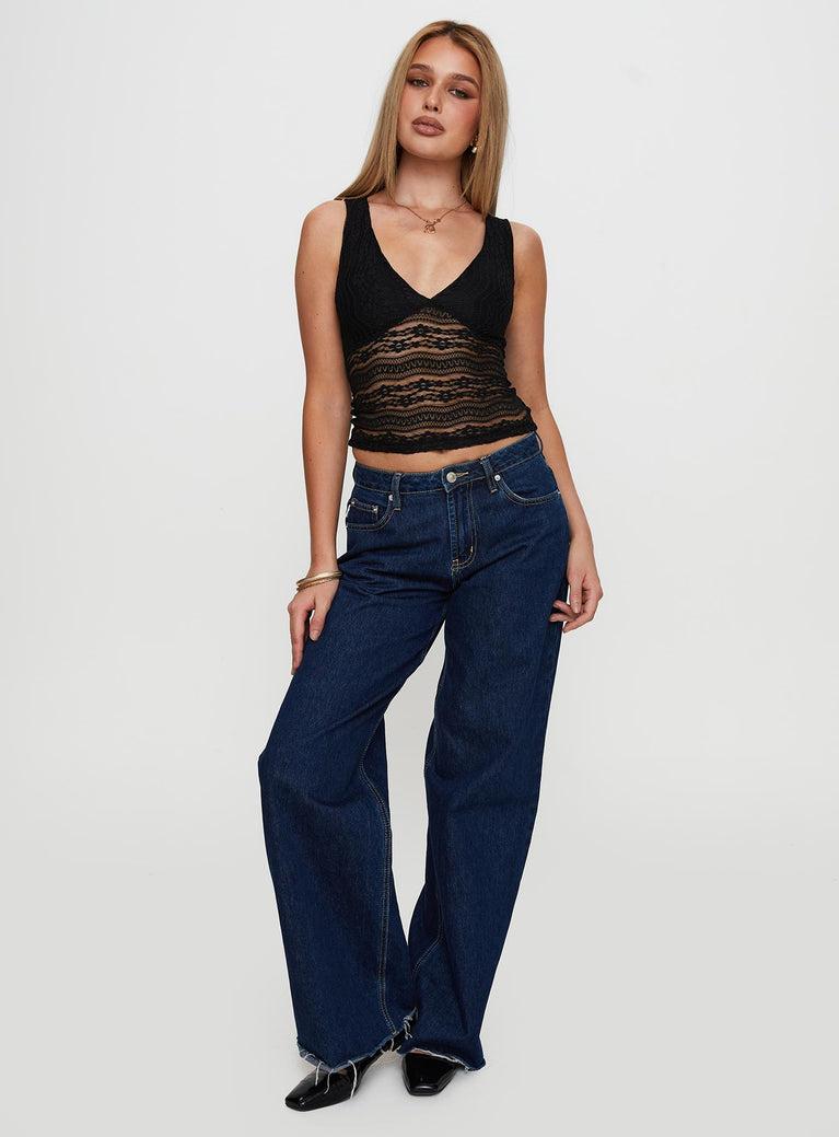 Loxlee Lace Plunge Neck Top Black Product Image