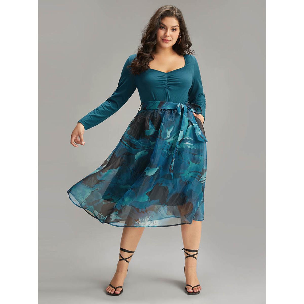 Plus Size Floral Square Neck Mesh Patchwork Belted Ruched Dress Aegean Women Elegant Belted Square Neck Long Sleeve Curvy Midi Dress BloomChic 22-24/3X Product Image