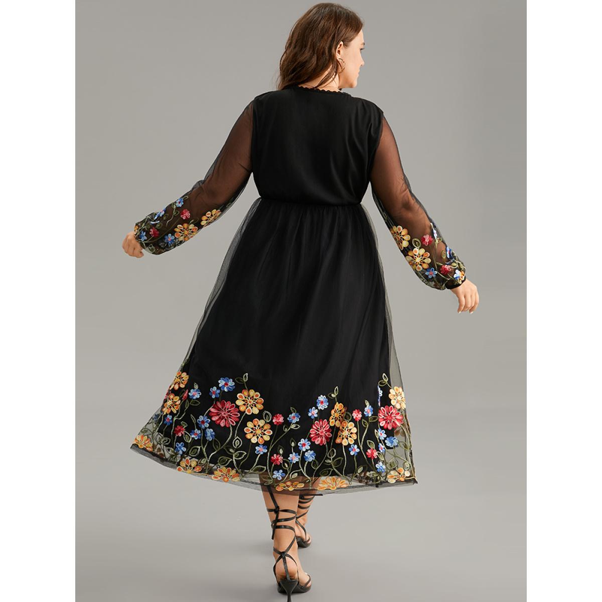 Plus Size Floral Embroidered Crochet Lace Mesh Dress Black Women Casual Elastic cuffs V-neck Long Sleeve Curvy Midi Dress BloomChic 30/6X Product Image