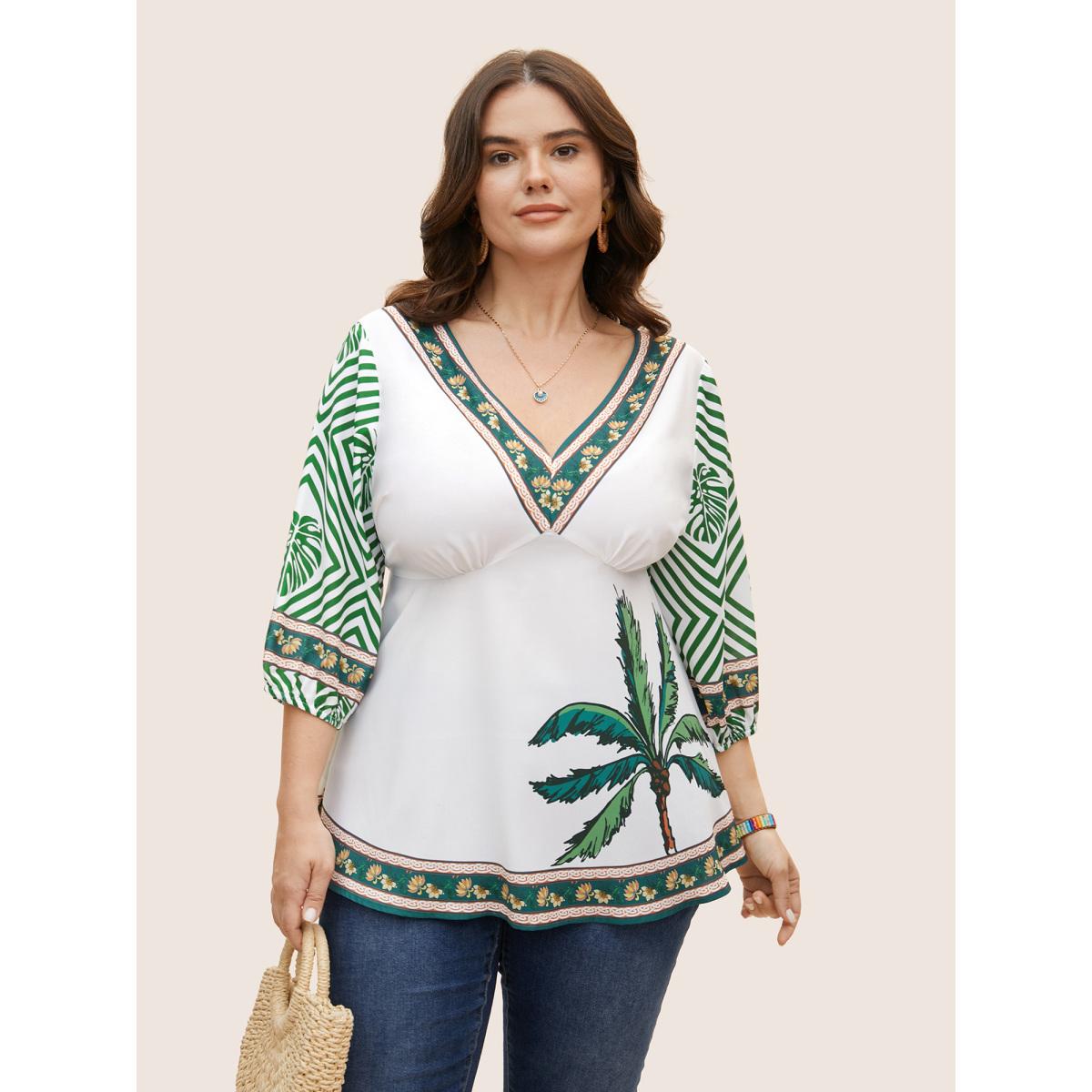 Plus Size Moss Boho Coconut Tree Print Lantern Sleeve Blouse Women Resort Elbow-length sleeve V-neck Vacation Blouses BloomChic 14-16/1X Product Image