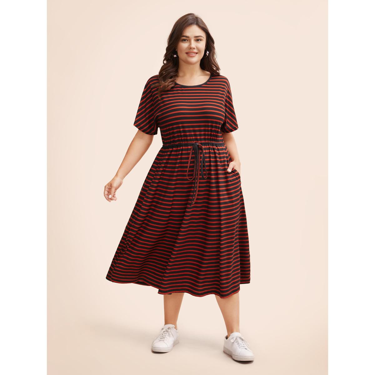 Plus Size Striped Round Neck Drawstring Dolman Sleeve Dress Black Women Casual Gathered Round Neck Short sleeve Curvy BloomChic 18-20/2X Product Image
