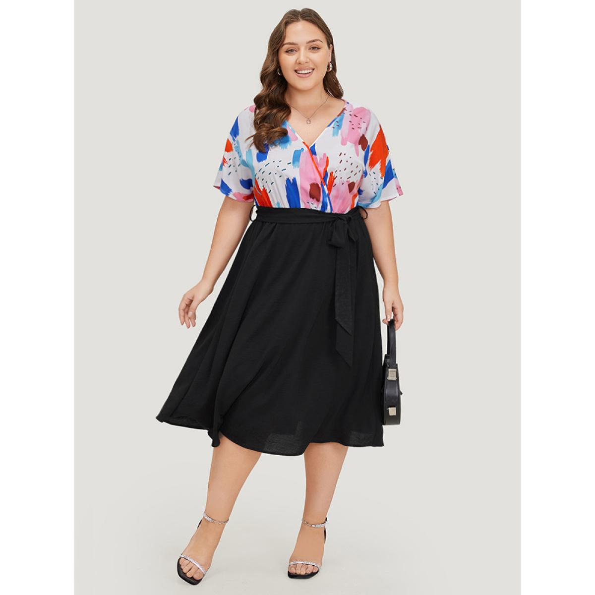 Plus Size Brush Print Surplice Neck Belted Patchwork Flutter Dress Black Women Office Wrap V-neck Short sleeve Curvy Midi Dress BloomChic 28/5X Product Image