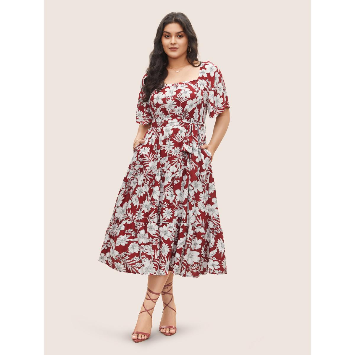 Plus Size Square Neck Floral Print Belted Gathered Dress Russet Women Elegant Gathered Square Neck Short sleeve Curvy Midi Dress BloomChic 22-24/3X Product Image