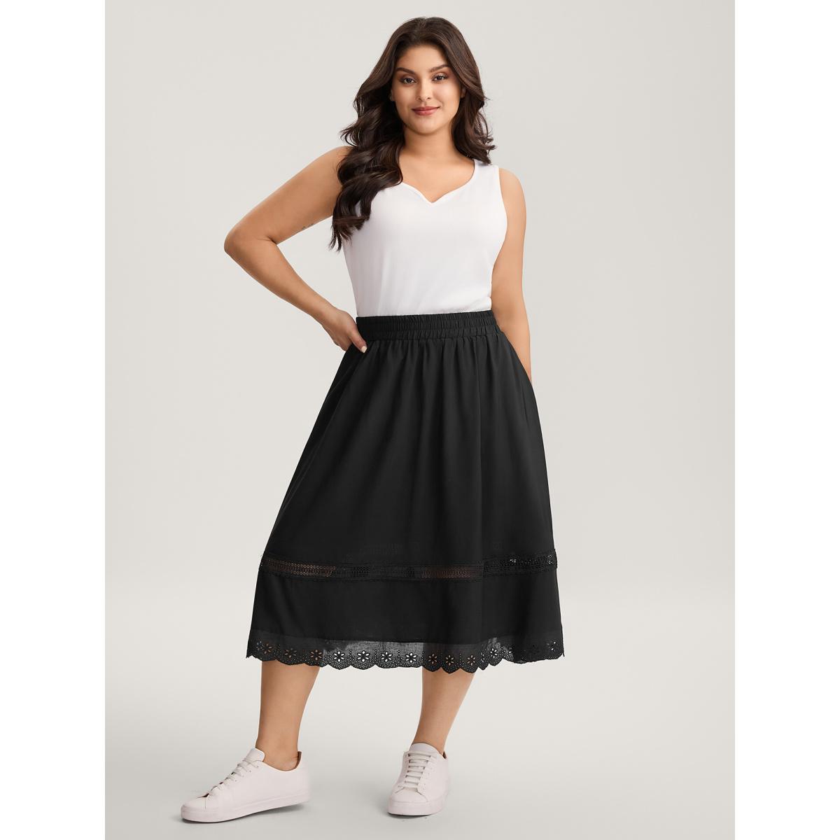Plus Size Shirred Lace Trim Pleated Midi Skirt Women Pureblack Loose No stretch Side seam pocket Office Skirts BloomChic 18-20/2X Product Image