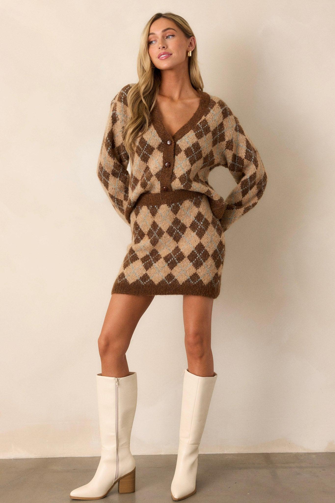 Radiant Moon Brown Argyle Knit Cardigan Product Image