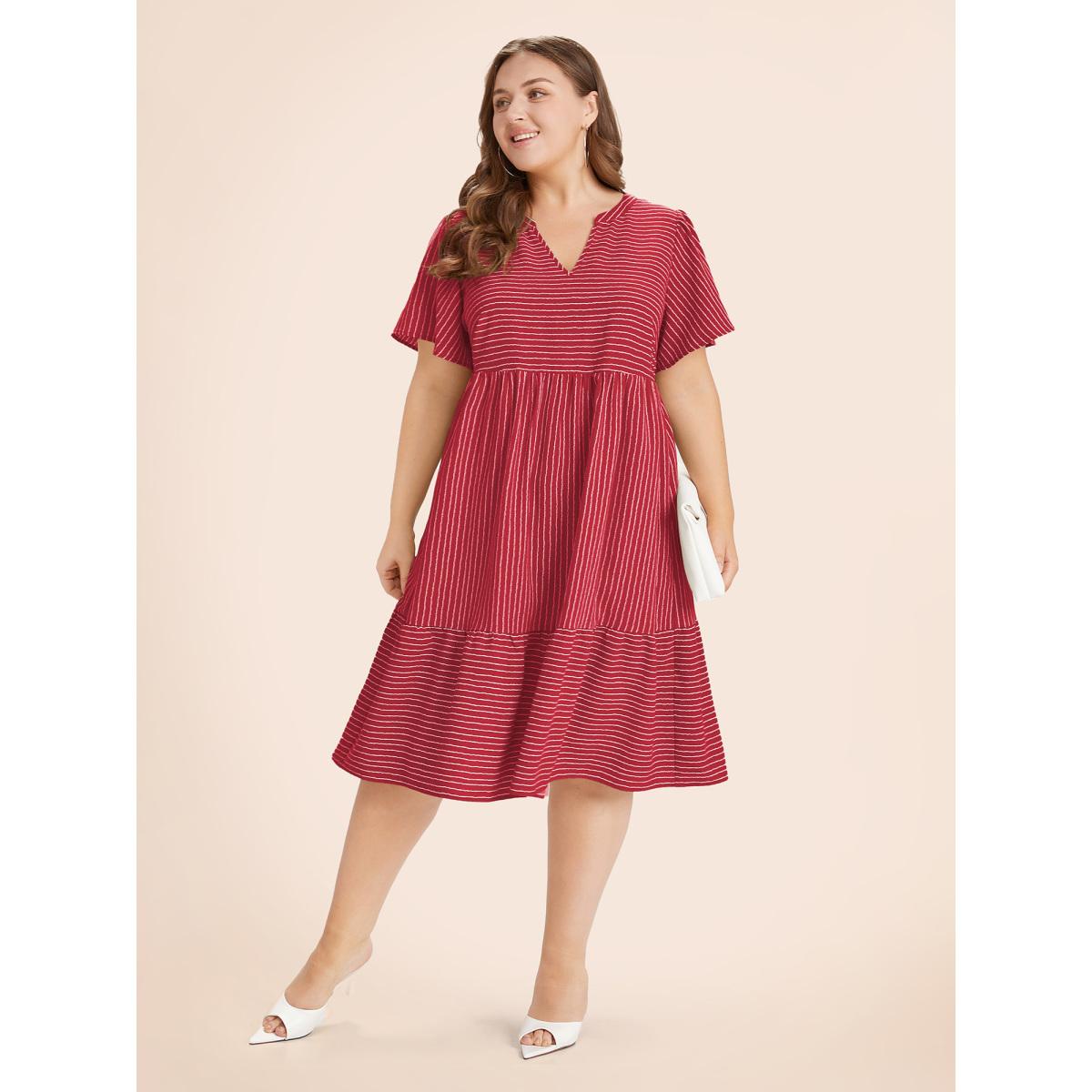 Plus Size Striped Patchwork Notched Flutter Layered Babydoll Dress Crimson Women Office Gathered Notched collar Short sleeve Curvy Midi Dress BloomChic 28/5X Product Image