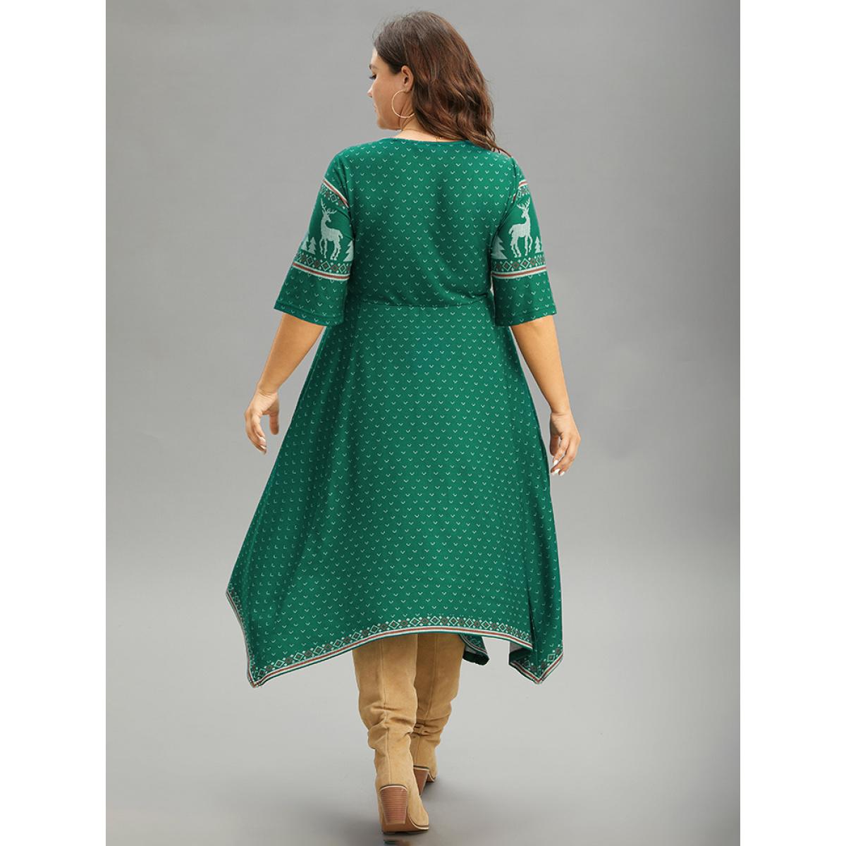 Plus Size Christmas Elk Elastic Waist Hanky Hem Dress Cyan Women Casual Printed Round Neck Half Sleeve Curvy Midi Dress BloomChic 22-24/3X Product Image