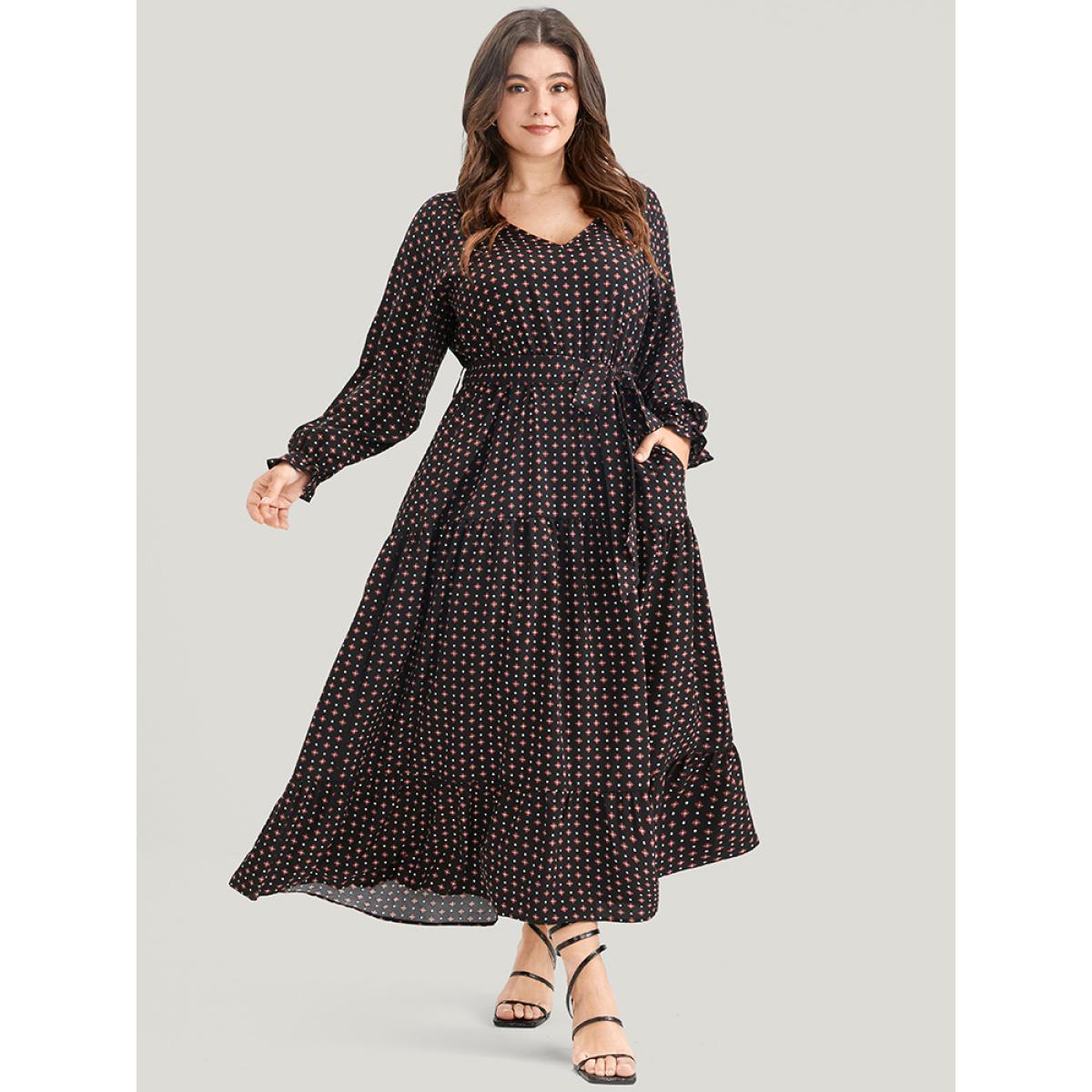 Plus Size Geometric Belted Lantern Sleeve Pocket Ruffle Tiered Dress Black Women Elegant Pocket V-neck Long Sleeve Curvy Midi Dress BloomChic 14-16/1X Product Image