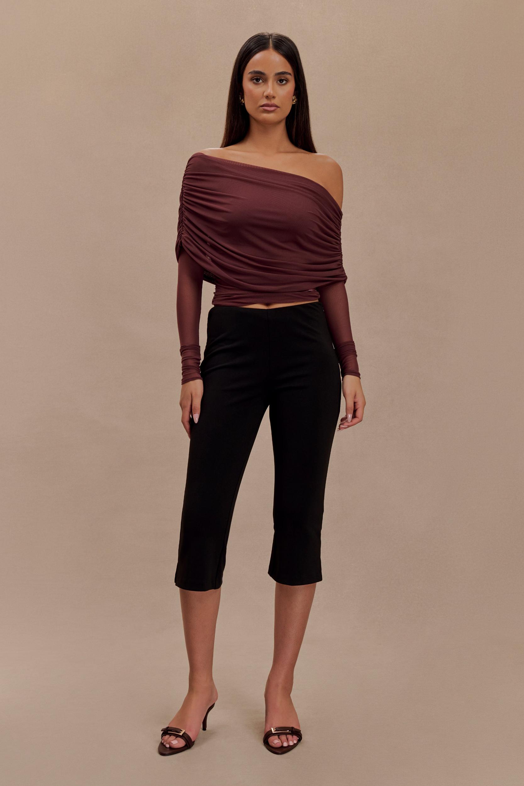 Everly Sheer Mesh Off Shoulder Top - Mahogany Product Image