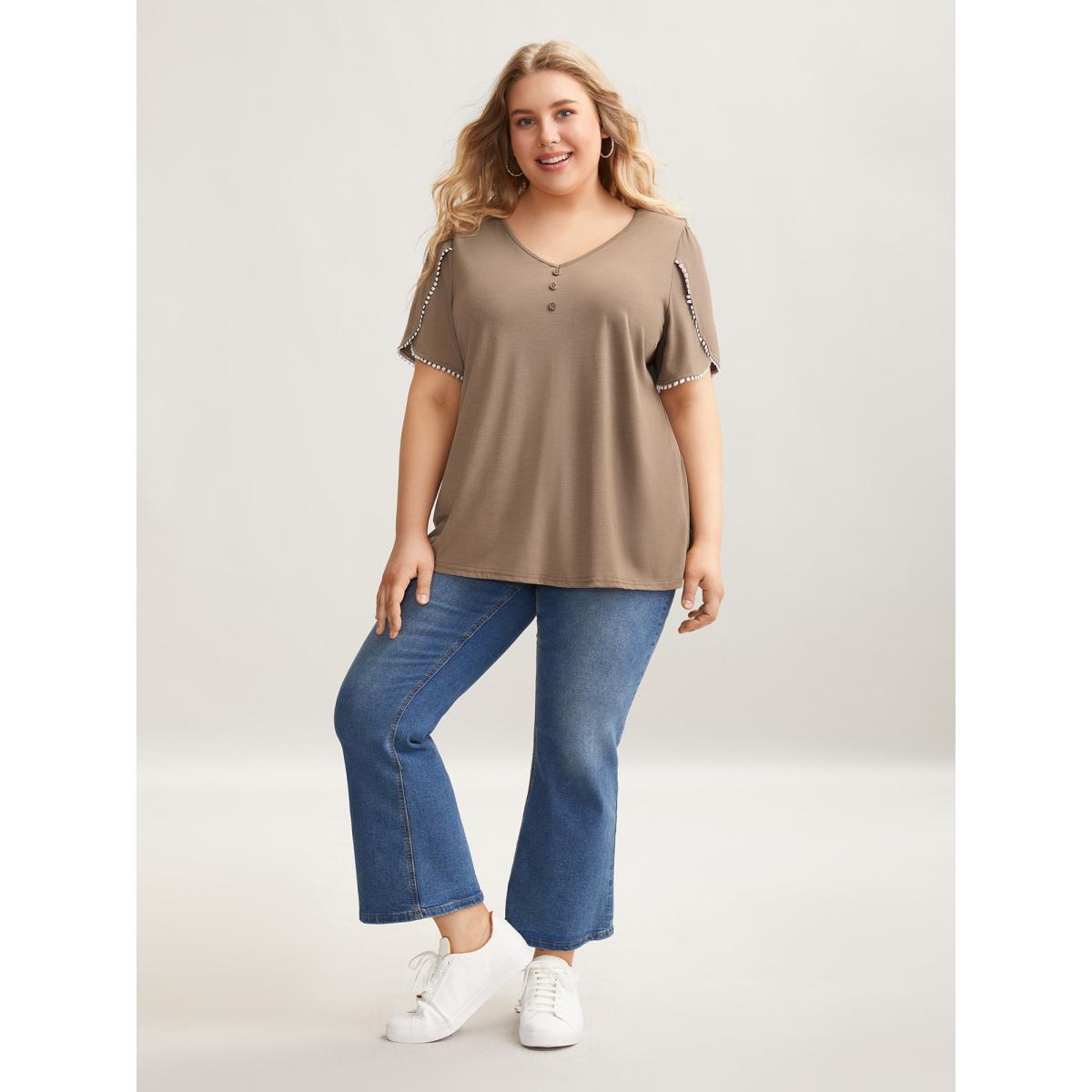 Plus Size Petal Sleeve Lace Button Solid T-Shirt LightBrown Women Casual Petal edge V-neck Everyday T-shirts BloomChic 26/4X Product Image