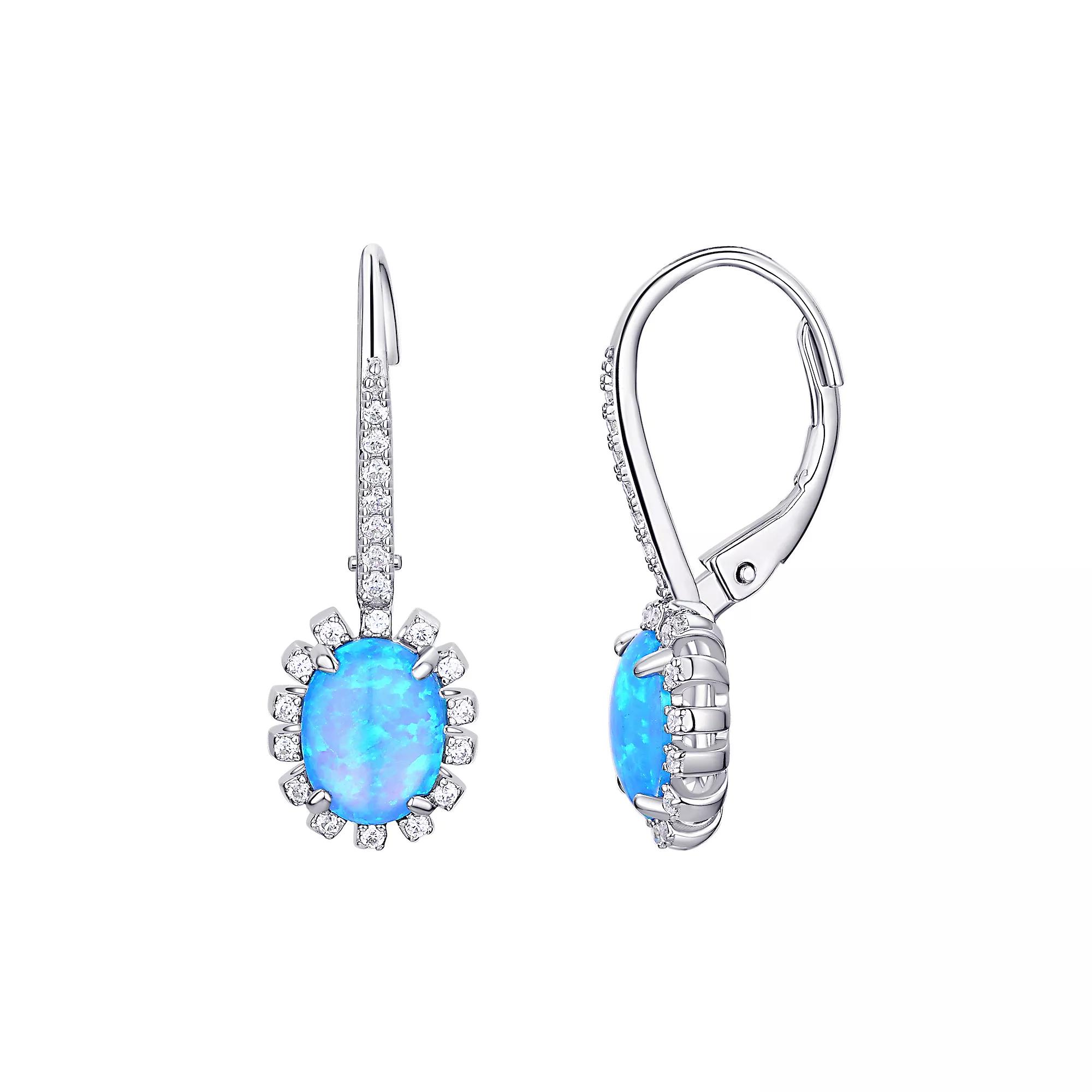 Eco Silver Luxe Sterling Silver Simulated Opal Cubic Zirconia Oval Halo Leverback Earrings, Women's Product Image