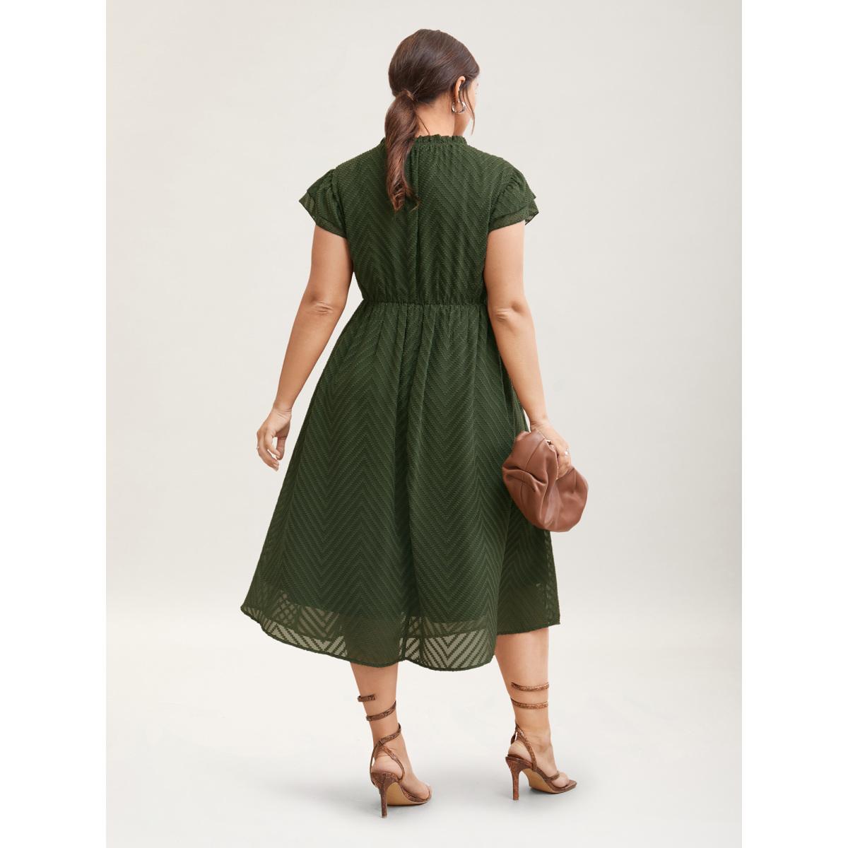 Plus Size Plain Geometric Layered Sleeve Pocket Ruffle Mock Neck Dress ArmyGreen Women Office See through Round Neck Cap Sleeve Curvy Midi Dress BloomChic 10/M Product Image