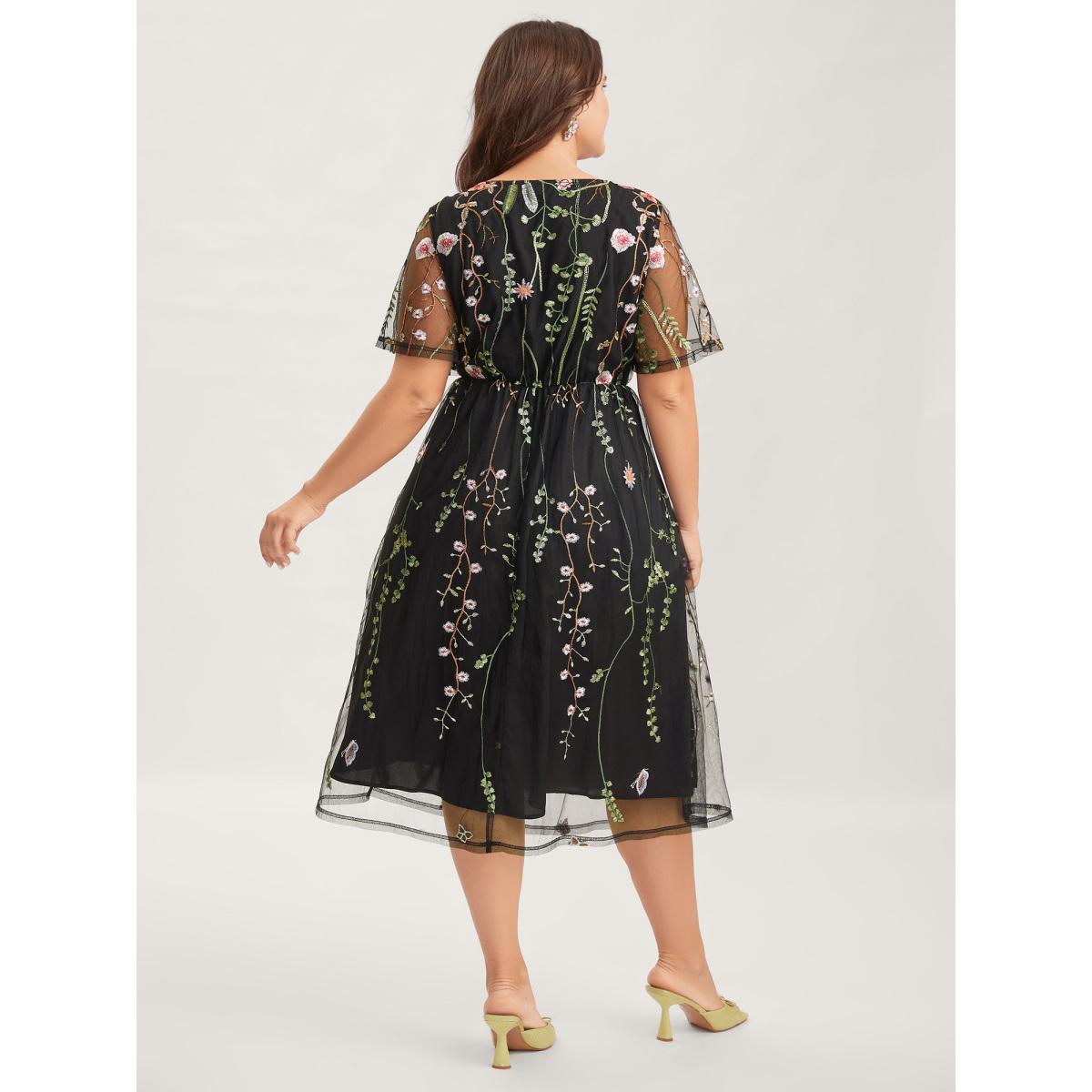 Plus Size Plant Embroidery Sheer Cinched-Waist Midi Dress Black Women Round Neck Short sleeve Curvy BloomChic 14-16/1X Product Image