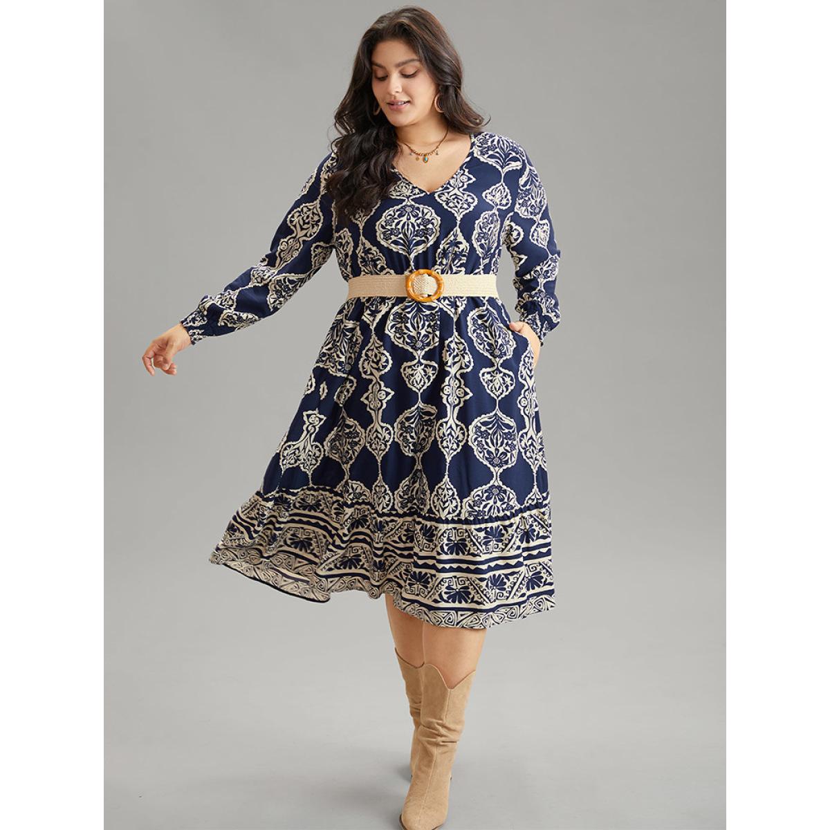 Plus Size Moroccan Print Shirred Cuffs Pocket Dress DarkBlue Women Resort Printed V-neck Long Sleeve Curvy Midi Dress BloomChic 18-20/2X Product Image