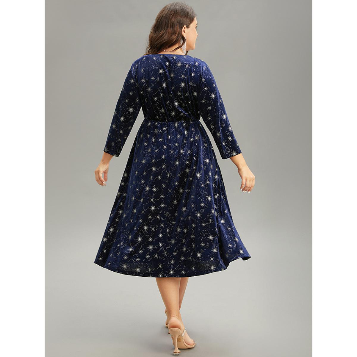 Plus Size Christmas Velvet Star Glitter Wrap Pocket Dress DarkBlue Women Casual Velvet Overlap Collar Elbow-length sleeve Curvy Midi Dress BloomChic 30/6X Product Image