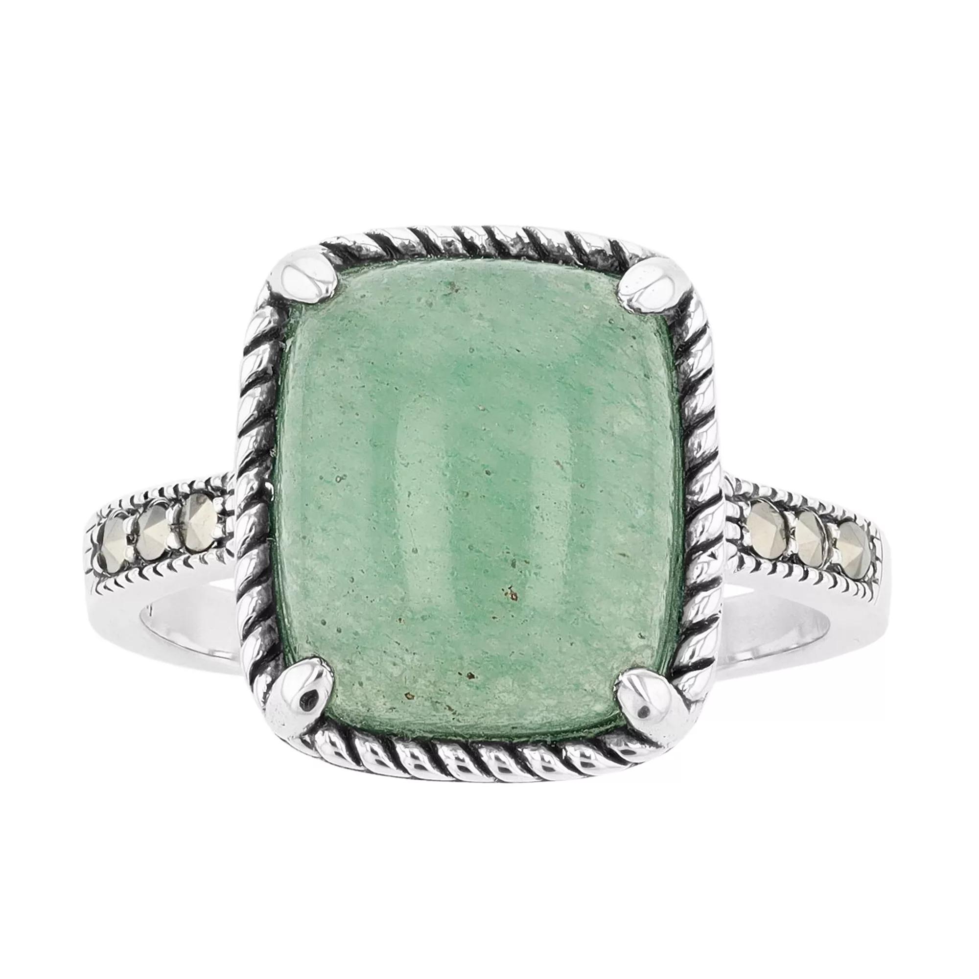 Lavish by TJM Sterling Silver Green Aventurine & Marcasite Cushion Ring, Women's, Size: 8 Product Image