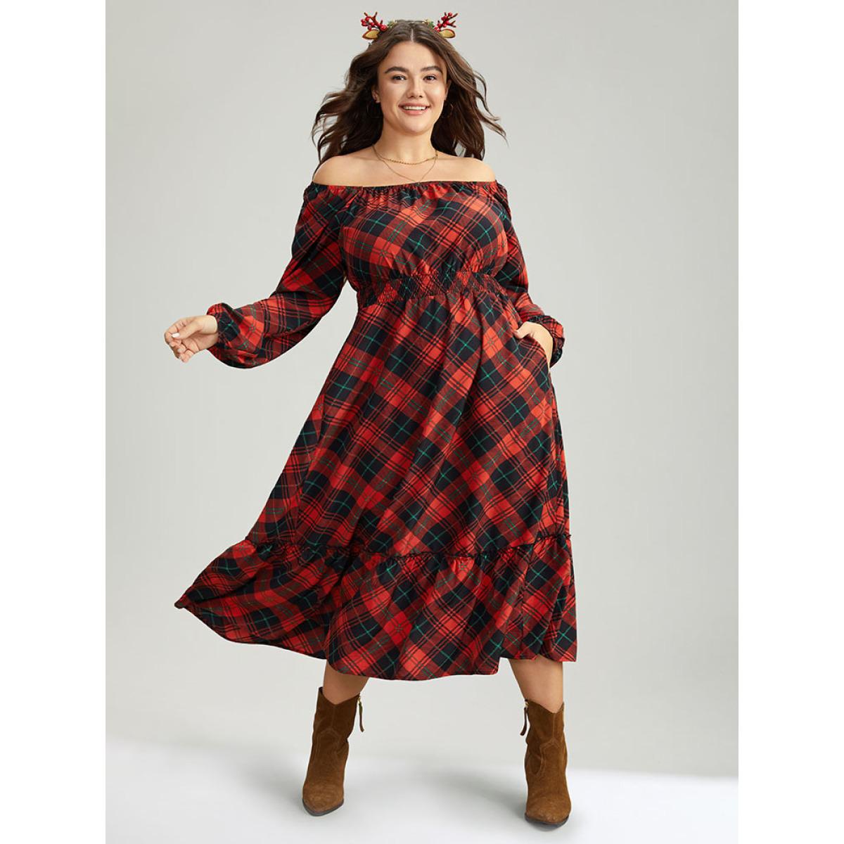 Plus Size Plaid Shirred Frill Trim Pocket Square Neck Dress Scarlet Women Elegant Elastic cuffs Square Neck Long Sleeve Curvy Midi Dress BloomChic 30/6X Product Image