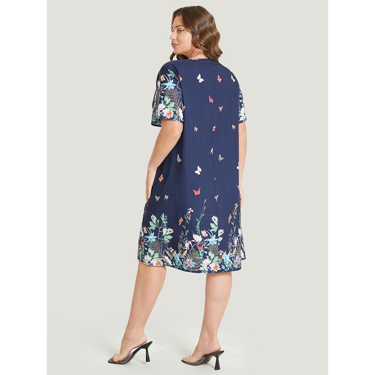 Plus Size Butterfly & Floral Round Neck Print Pocket Knee Dress Indigo Women Vacation Pocket Round Neck Short sleeve Curvy Knee Dress BloomChic 22-24/3X Product Image