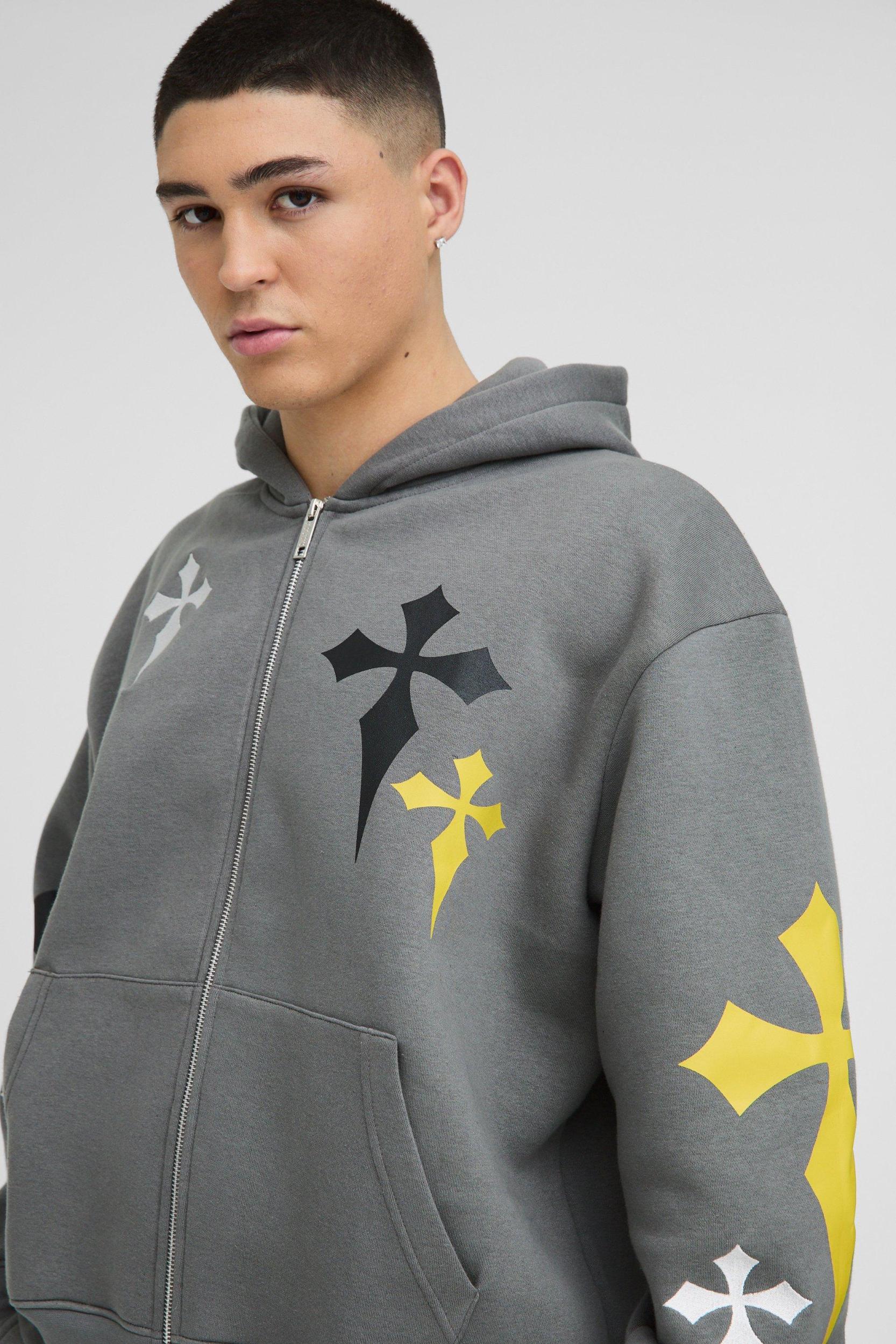 Oversized Boxy Cross Embroidered Printed Zip Through Hoodie | boohooMAN USA Product Image