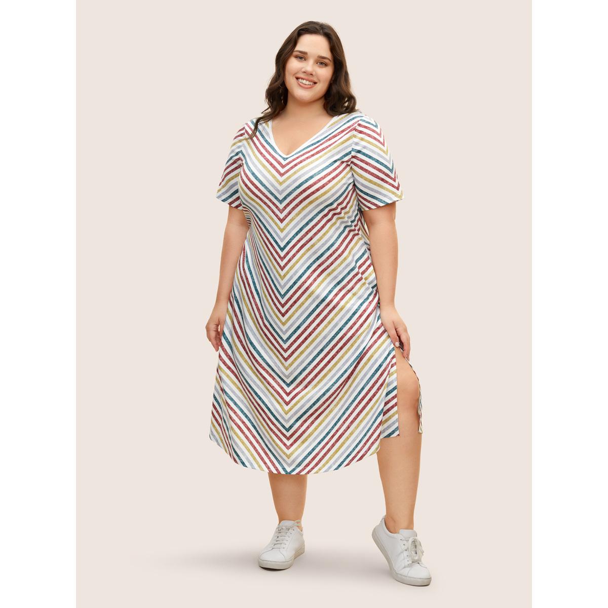 Plus Size Colored Striped V Neck Pocket Midi Dress Multicolor Women Casual Contrast V-neck Short sleeve Curvy BloomChic 12/L Product Image