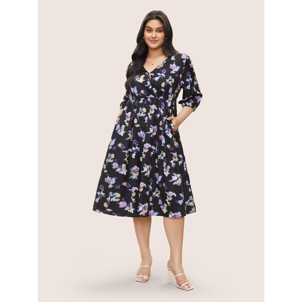 Plus Size Floral Wrap Elastic Waist Lantern Sleeve Cropped Dress Black Women Elegant Non Overlap Collar Elbow-length sleeve Curvy Midi Dress BloomChic 22-24/3X Product Image
