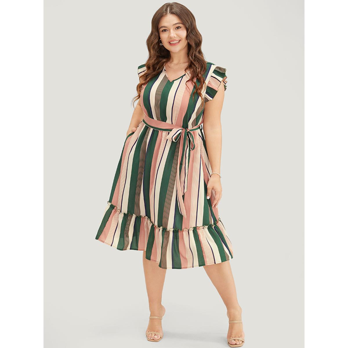 Plus Size Striped Contrast Cap Sleeve Belted Pocket Ruffle Hem Dress Multicolor Women Vacation Contrast V-neck Cap Sleeve Curvy Knee Dress BloomChic 30/6X Product Image