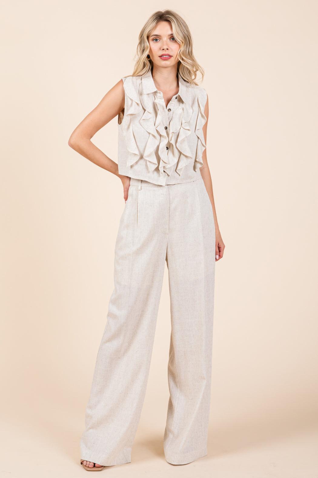 Two Piece Linen Ruffled Top And Wide Leg Pants Set Product Image