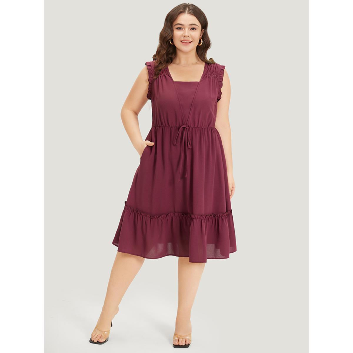 Plus Size Plain Frill Trim Gathered Ties Square Neck Tank Dress Burgundy Women Elegant Plain Square Neck Sleeveless Curvy Midi Dress BloomChic 12/L Product Image
