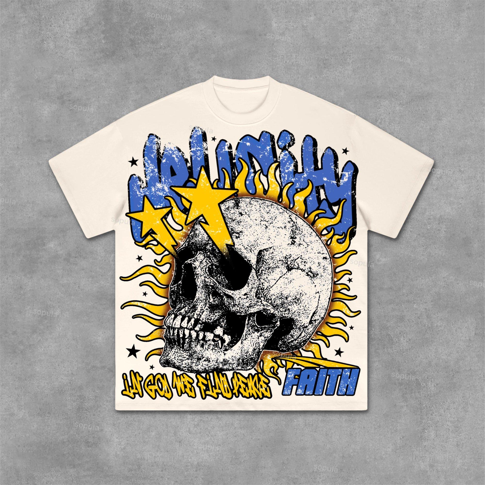 Flame Skull & Hell City Faith Vintage Old Graphic Cotton T-Shirt Product Image