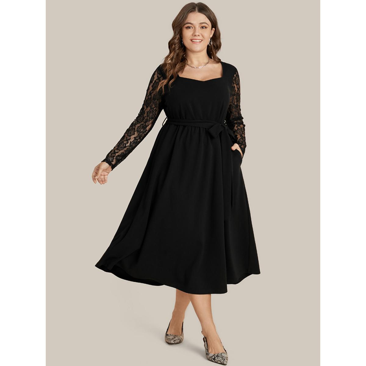 Plus Size Solid Pocket Lace Belted Flutter Dress Black Women Elegant Cut-Out V-neck Long Sleeve Curvy Midi Dress BloomChic 14-16/1X Product Image