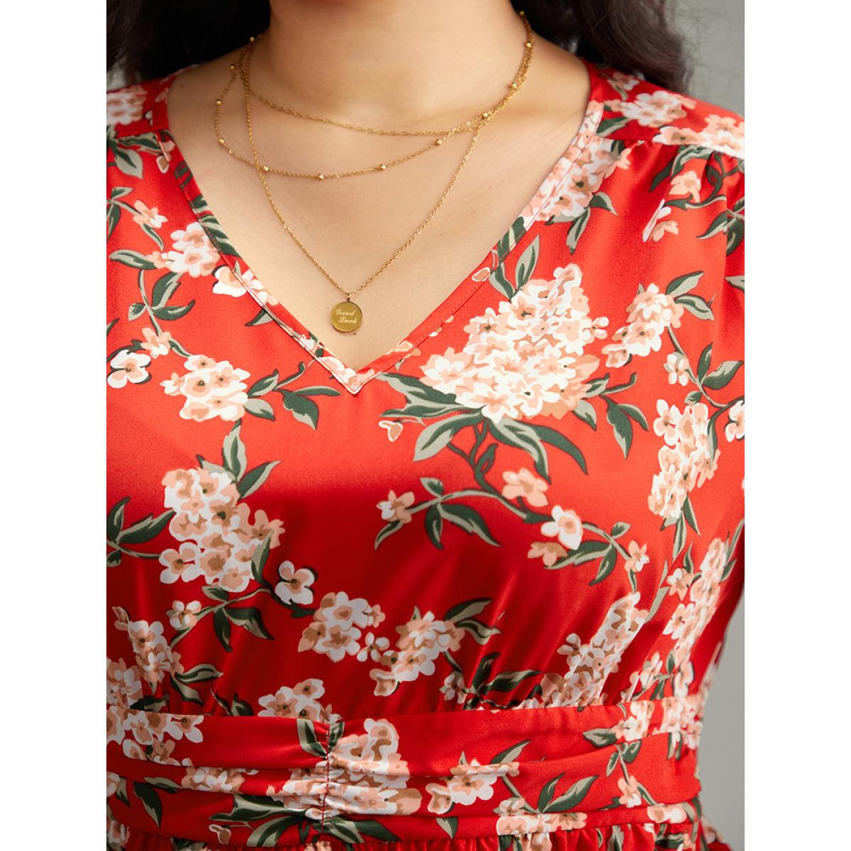 Plus Size Floral Print Ruched Pocket Pleated Dress Red Women Elegant Printed V-neck Long Sleeve Curvy Midi Dress BloomChic 14-16/1X Product Image