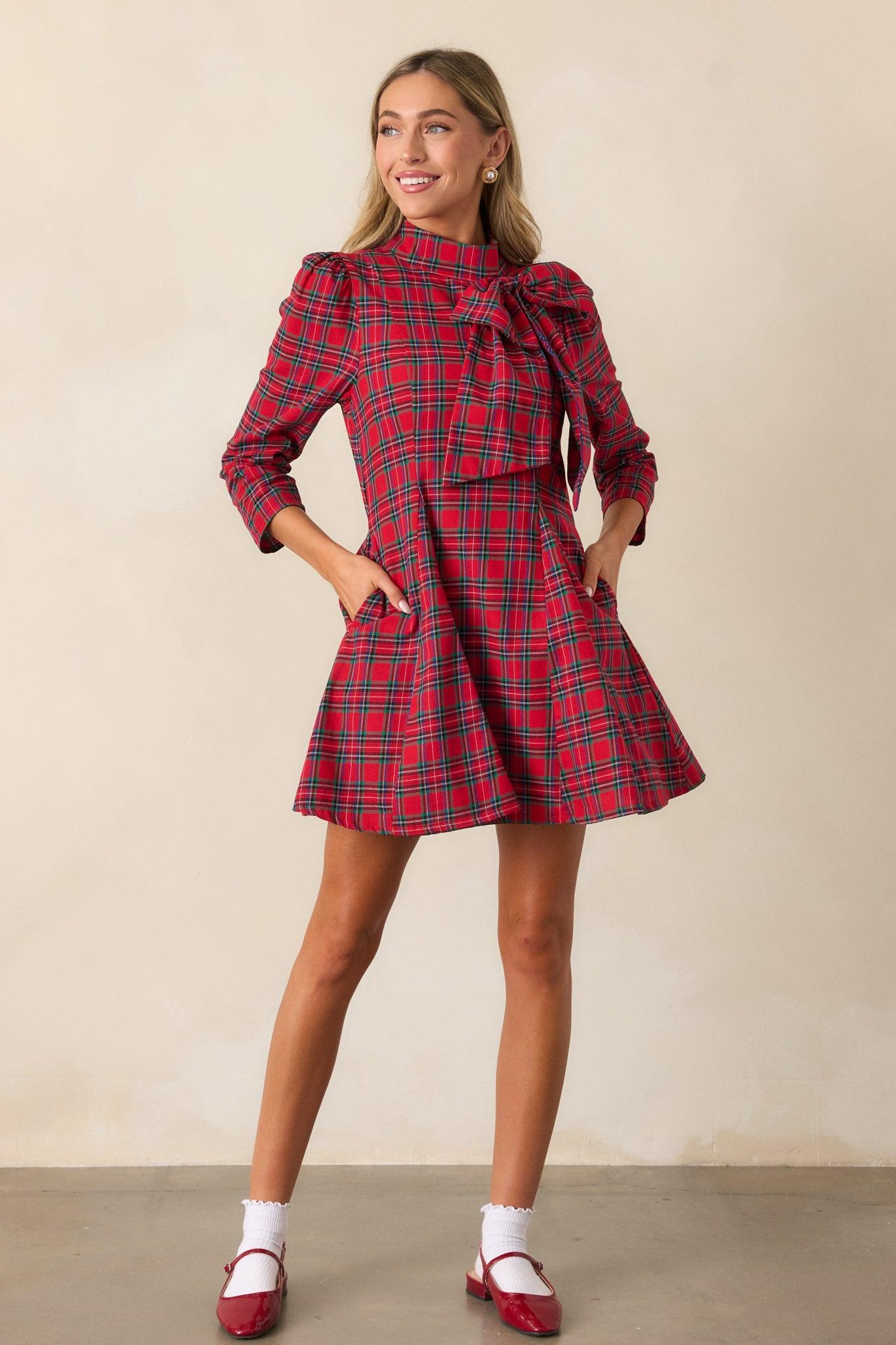 A Perfect Balance Cotton Red Plaid Bow Mini Dress Product Image