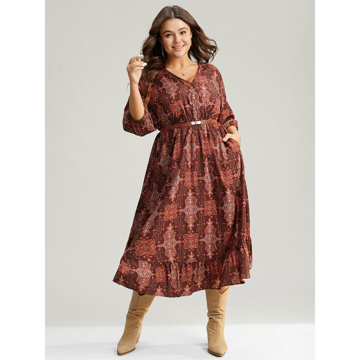 Plus Size Christmas Boho Print Wrap Ruffle Layered Hem Dress Raspberry Women Office Elastic cuffs Overlap Collar Elbow-length sleeve Curvy Midi Dress BloomChic 12/L Product Image
