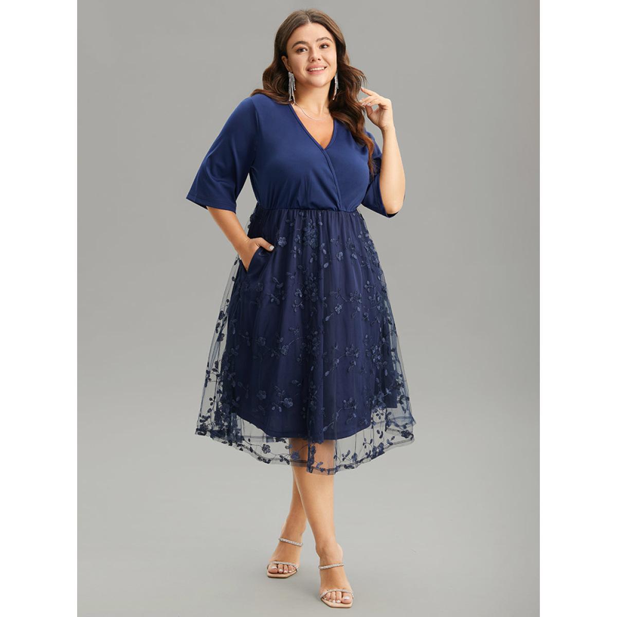 Plus Size Crochet Lace Mesh Overlap Collar Elastic Waist Dress DarkBlue Women Glamour Wrap Overlap Collar Half Sleeve Curvy Midi Dress BloomChic 10/M Product Image