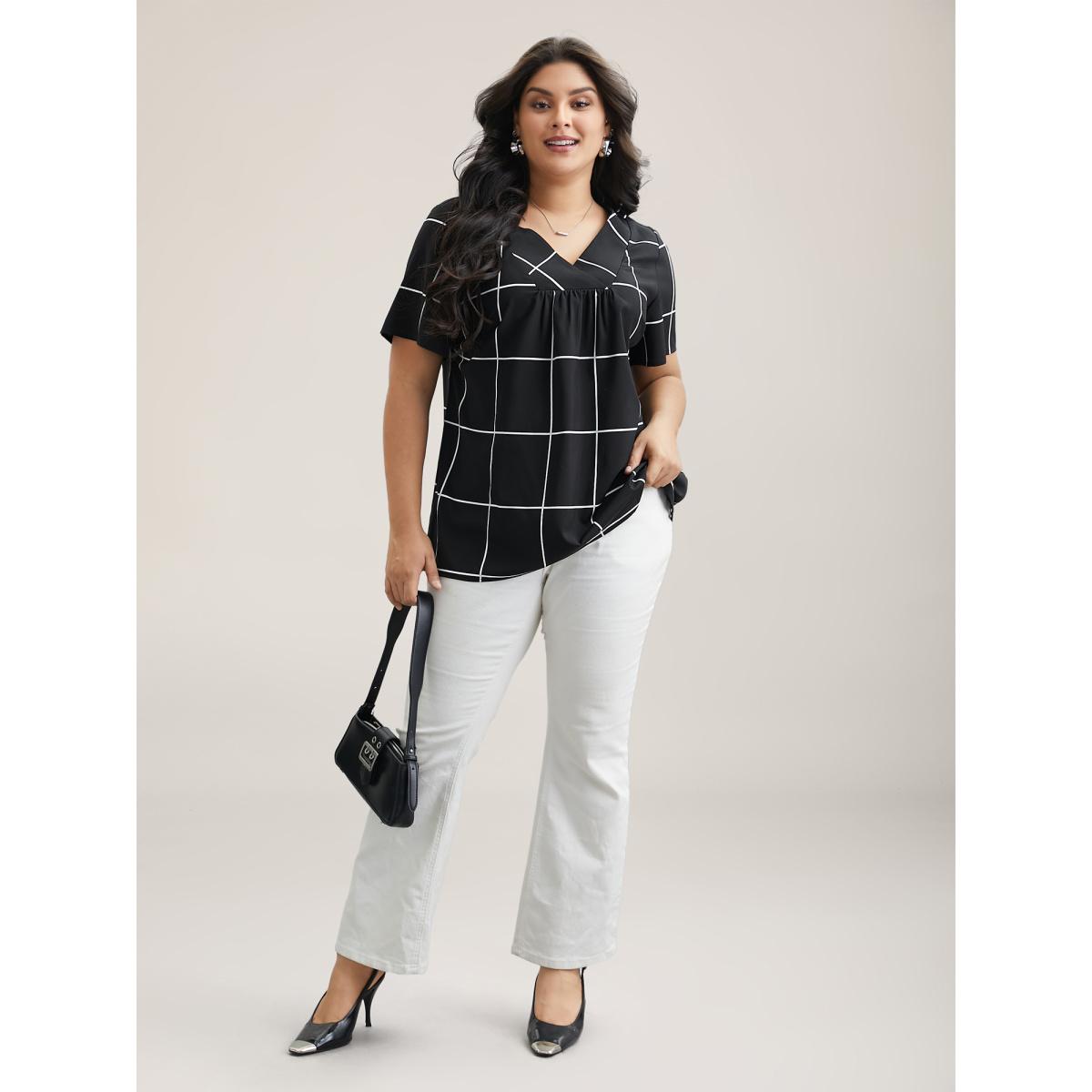 Plus Size Black Plaid Crumpled V-Neck Fitted Shirt Women At the Office Short sleeve Overlap Collar Work Blouses BloomChic 22-24/3X Product Image