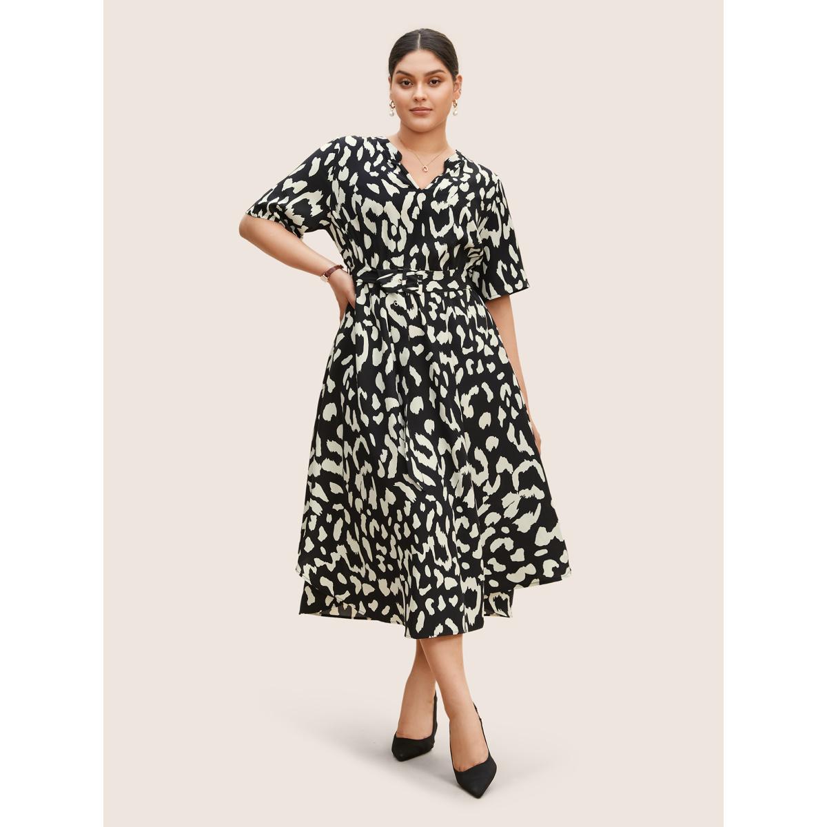 Plus Size Geometric Notched Belted Arc Hem Dress Black Women Work From Home Belted Flat collar with V-notch Half Sleeve Curvy BloomChic 10/M Product Image