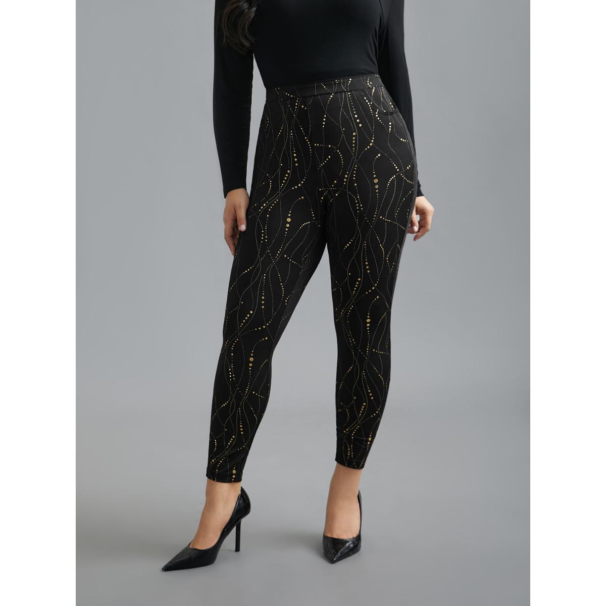 Plus Size Shiny Glitter Skinny Fit Leggings Women Black Elegant High stretch Skinny Mid Rise Everyday Leggings BloomChic 30/6X Product Image