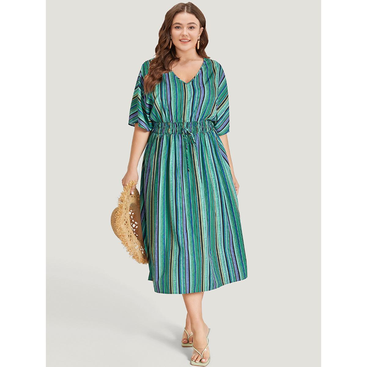 Plus Size Striped Contrast Pocket Knot Shirred Batwing Sleeve Dress Green Women Vacation Gathered V-neck Short sleeve Curvy Midi Dress BloomChic 10/M Product Image