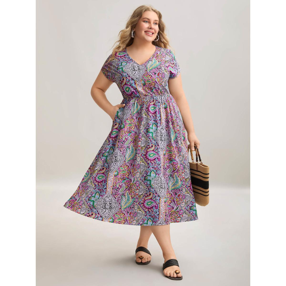 Plus Size Paisley Print Pockets V-Neck Midi Dress Magenta Women Boho Non V-neck Cap Sleeve Curvy BloomChic 14-16/1X Product Image